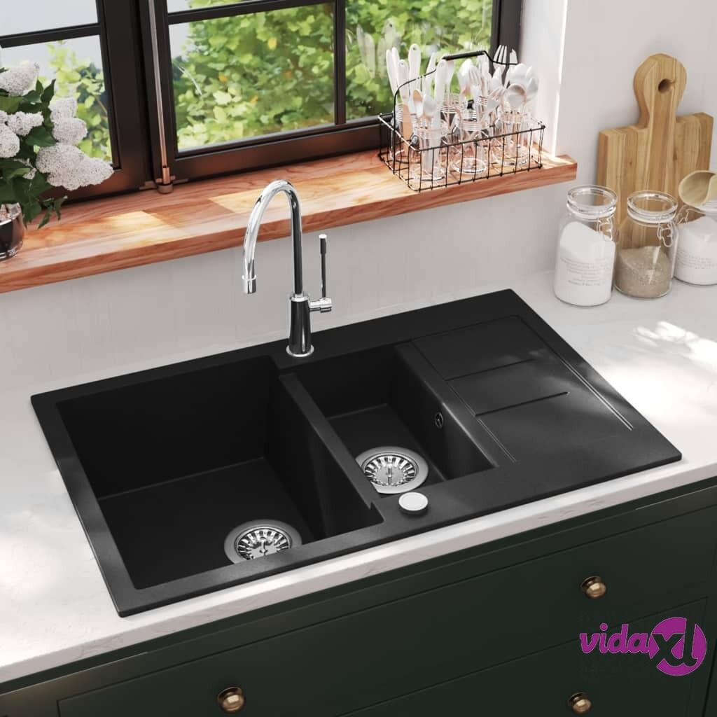 vidaXL Granite Kitchen Sink Double Basin Black