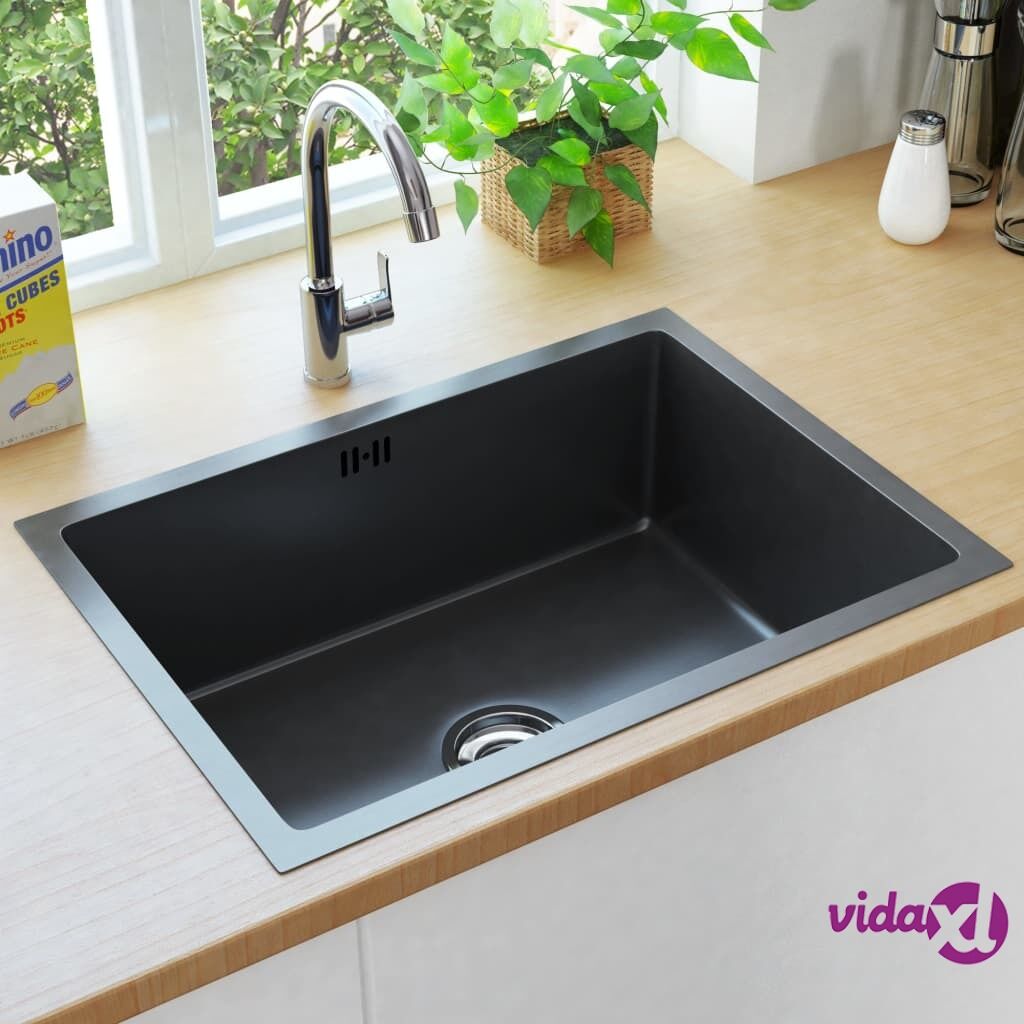 vidaXL Handmade Kitchen Sink with Overflow Hole Black Stainless Steel