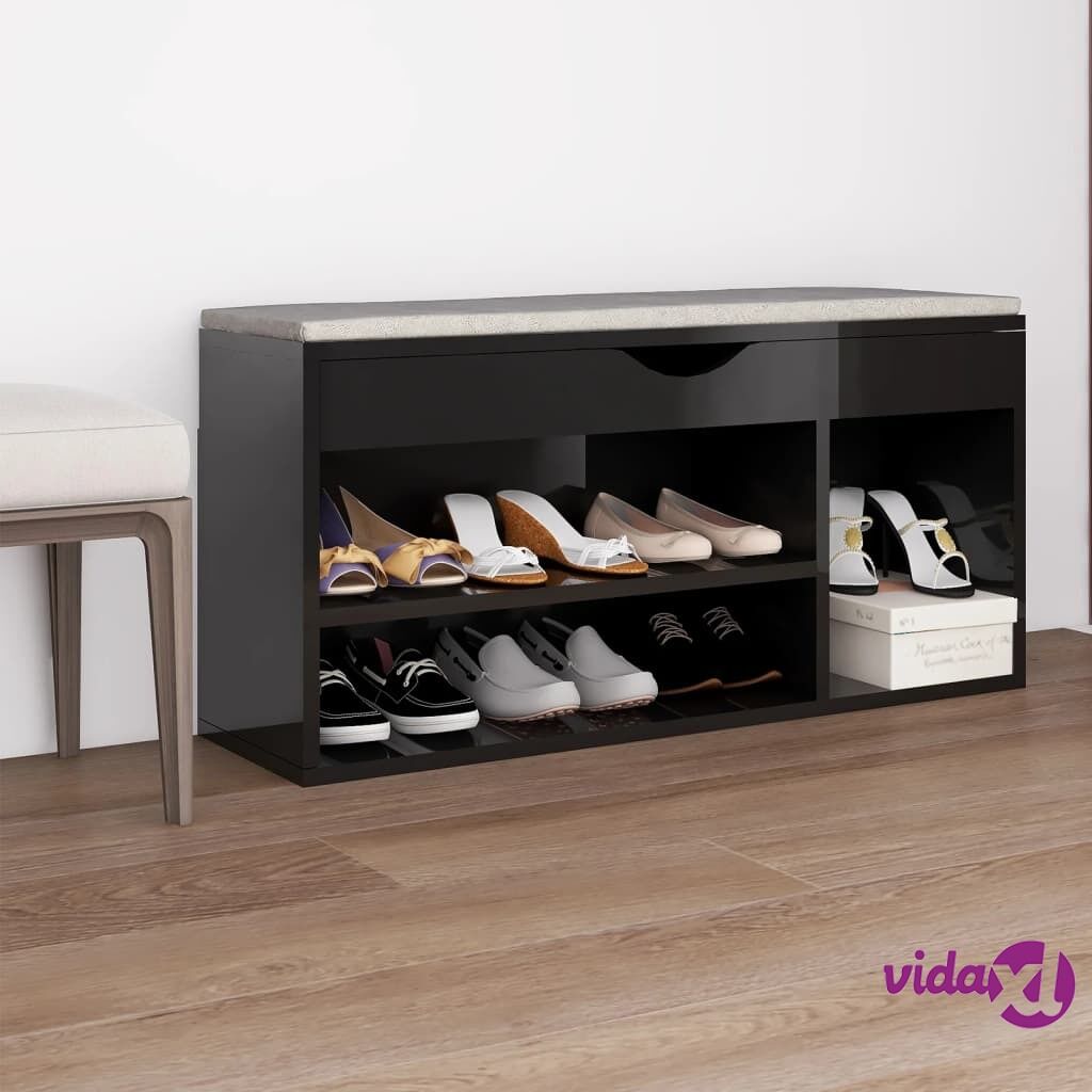 vidaXL Shoe Bench with Cushion High Gloss Black 104x30x49 cm Chipboard