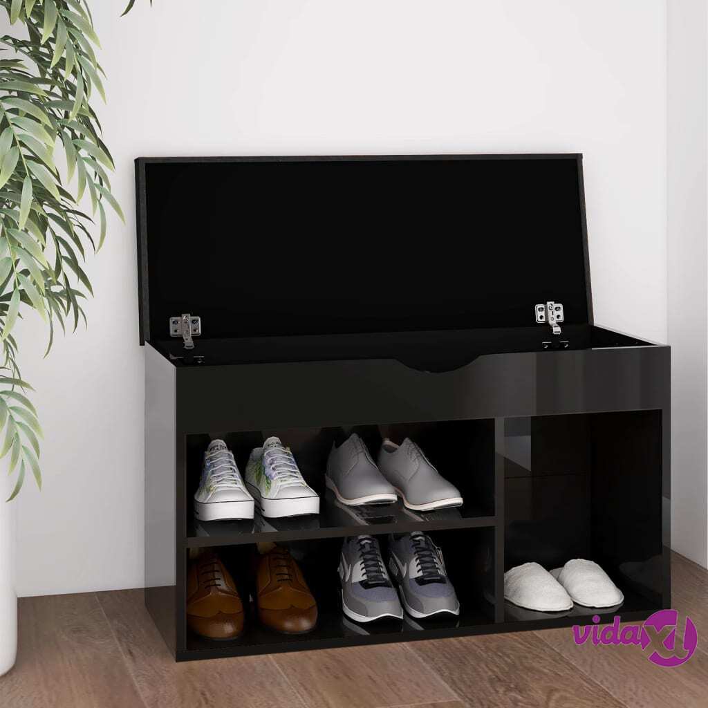 vidaXL Shoe Bench with Cushion High Gloss Black 80x30x47 cm Chipboard