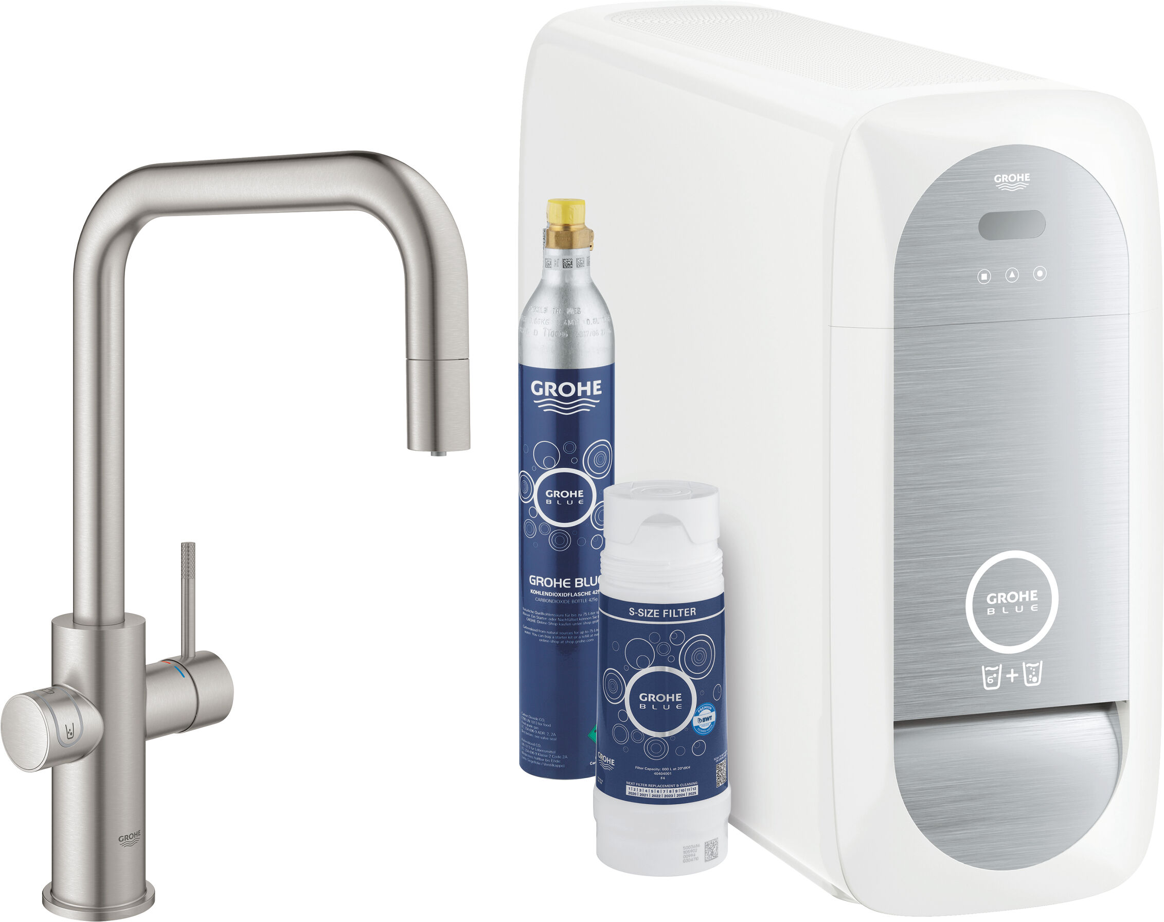 Grohe Blue Home Spültisch-Einhebelmischer 31543DC0 Supersteel, U-Auslauf-Starter Kit, herausziehbarer Mousseurauslauf