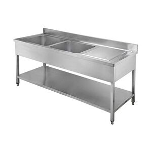 Vaiotec Edelstahl Spültisch EASY mit Grundboden 200 x 70 x 90 cm - 2 Becken links