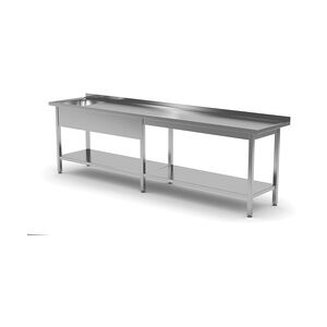 Edelstahl Gastro-Spültisch lang mit Arbeitsfläche & Ablagefach (Becken links)   AISI 430 Qualität   HxBxT 85x240x70