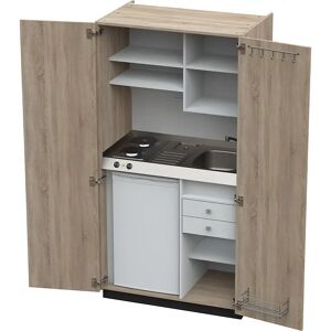 kaiserkraft Cocina-armario con puertas batientes, 2 placas de cocción eléctricas, fregadero a la derecha, roble, 1956 x 1000 x 650 mm