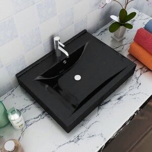 vidaXL Lavabo Rectangular Cerámica Orificio De Grifo Negro 60x46 Cm