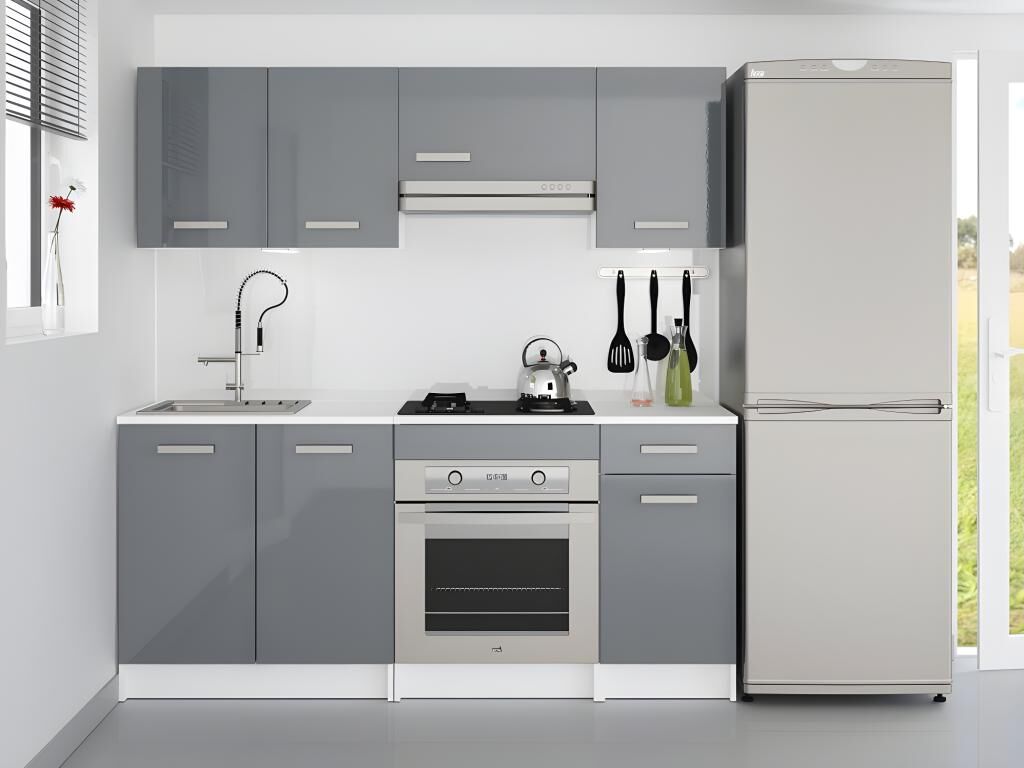 Unique Cocina completa - Con encimera 180 cm - Gris brillante y Blanco - TRATTORIA