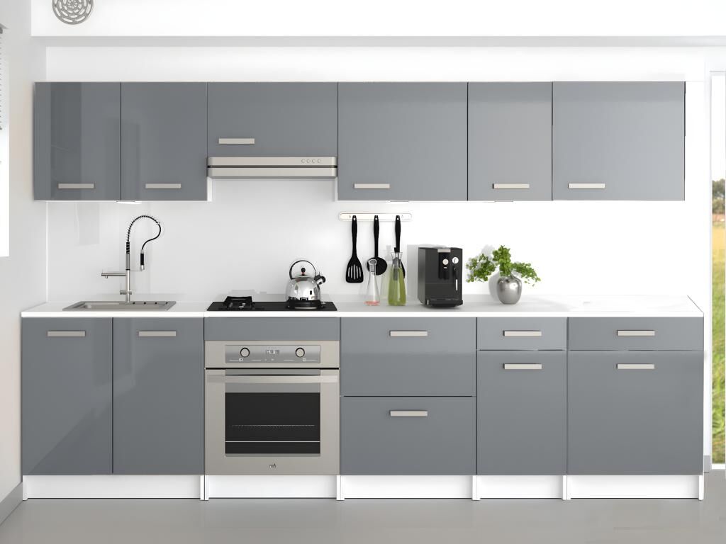 Unique Cocina completa - Con encimera 300 cm - Gris alto brillo y Blanco - TRATTORIA