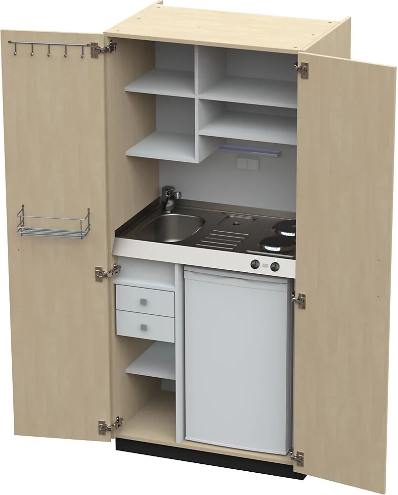 kaiserkraft Cocina-armario con puertas batientes, 2 placas de cocción eléctricas, fregadero a la izquierda, abedul, 1956 x 900 x 650 mm