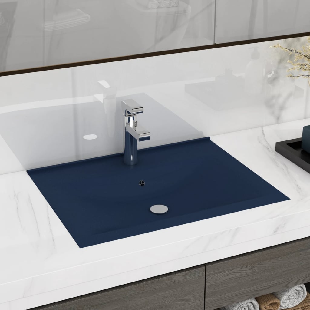 vidaXL Lavabo de lujo con grifo cerámica azul oscuro 60x46 cm