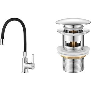 GRIFEMA G4002-2, Mitigeur Évier avec Bec Flexible, Robinet de Cuisine, Cuisine Mitigeur Flexible & IBERGRIF M20502 vidage Salle de Bain, Bonde de Lavabo Pop Up, Chromé, Argent - Publicité