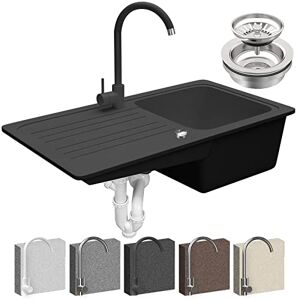 Aquamarin ® Évier en Granit avec 1 Bac et Égouttoir, Set : Kit de Vidange et Robinet, 76x46cm / 57x45cm, à Encastrer ou Sous Plan, Évier de Cuisine, Équipement de Cuisine - Publicité