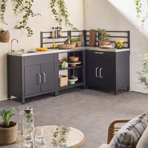 sweeek Cuisine exterieure avec 4 modules en acier. meuble avec evier. etageres. tiroirs. rangements - Noir