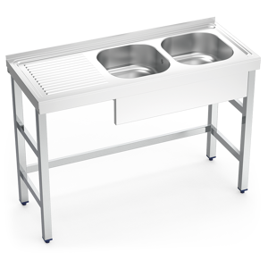 Lioninox Plonge inox sur pied 2 bacs et egouttoir a gauche 1400x550x850 mm