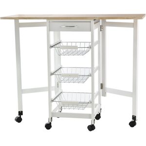 Homcom Carrello da Cucina con 3 Cestini, Cassetto e Ribalte, 6 Ruote Girevoli, in MDF e Metallo, 37x37x77.5cm, Bianco e Legno