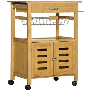 Homcom Carrello da Cucina con Cassetto, Armadietto e Cestino Estraibile in Legno con Ruote Girevoli, 66x36x79cm