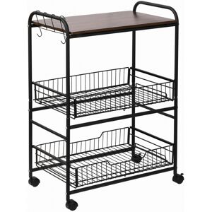 Homcom Carrello da Cucina Portavivande Stile Industriale con 4 Ruote, 2 Cestini e 4 Ganci, 60x38x85.5cm, Marrone Nero