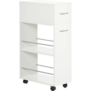 Homcom Carrello da Cucina in Truciolato e Acciaio Inox con 2 Ripiani Aperti, Cassetto Estraibile e Parapetti Anticaduta, 25x50x85 cm, Bianco