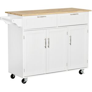 Homcom Carrello da Cucina Multiuso con 2 Cassetti, 3 Antine e 4 Ruote, in Legno e MDF, 121x46x91cm, Bianco