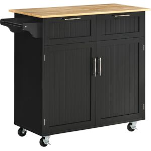 Homcom Carrello da Cucina Multiuso in Legno con 2 Cassetti, Armadietto e 4 Ruote, 104x46x91cm, Nero