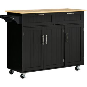 Homcom Carrello da Cucina in Legno con 2 Cassetti, Armadietto 3 Ante e 4 Ruote, 121x46x91cm, Nero