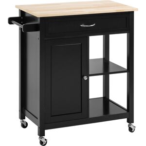 Homcom Carrello da Cucina in Legno con Cassetto, Armadietto e Ripiani, Carrellino Portavivande con Ruote, 83x45x88cm, Nero