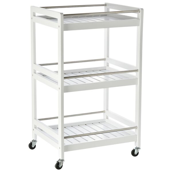 homcom carrello da cucina salvaspazio in legno e acciaio inox, con 3 ripiani e 4 ruote 360°, bianco, 45 x 38 x 78cm