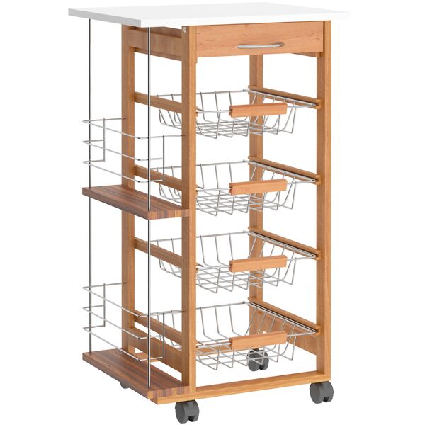 homcom carrello da cucina salvaspazio in legno marrone, portavivande con 1 piano di lavoro 1 cassetto e 4 cestelli metallici, 47x37x83cm