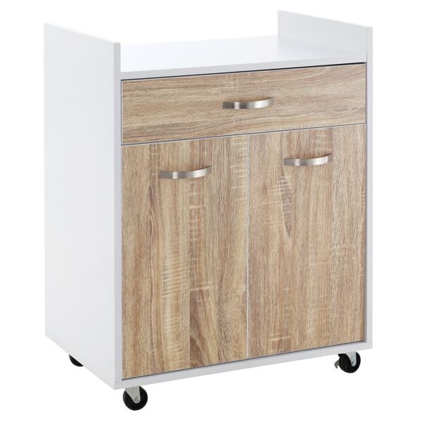 homcom carrello da cucina portavivande per microonde con cassetto, armadietto e 4 ruote, in legno, 60x40x77cm, rovere