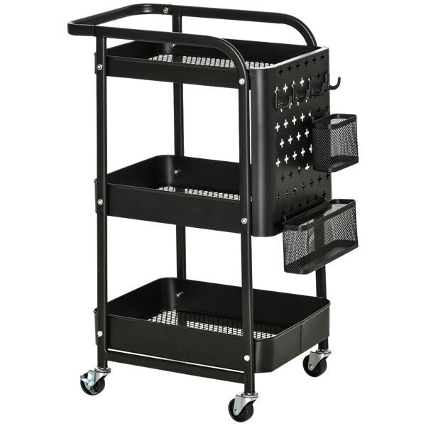 homcom carrello portavivande a 3 livelli con spazio multiuso e ruote girevoli, in acciaio e plastica pp, 51.5x32x75.6cm, nero