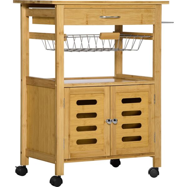 homcom carrello da cucina con cassetto, armadietto e cestino estraibile in legno con ruote girevoli, 66x36x79cm