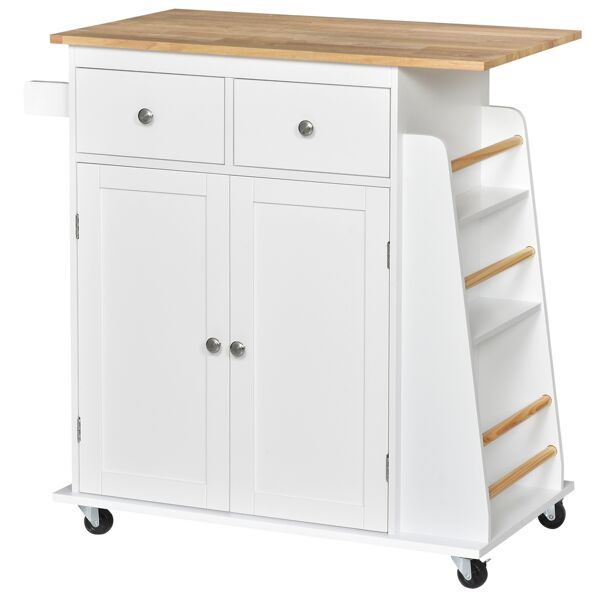 homcom carrello da cucina portaspezie a 3 livelli con 4 ruote girevoli,  portavivande con armadietto in legno, 89x45x89.5cm, bianco