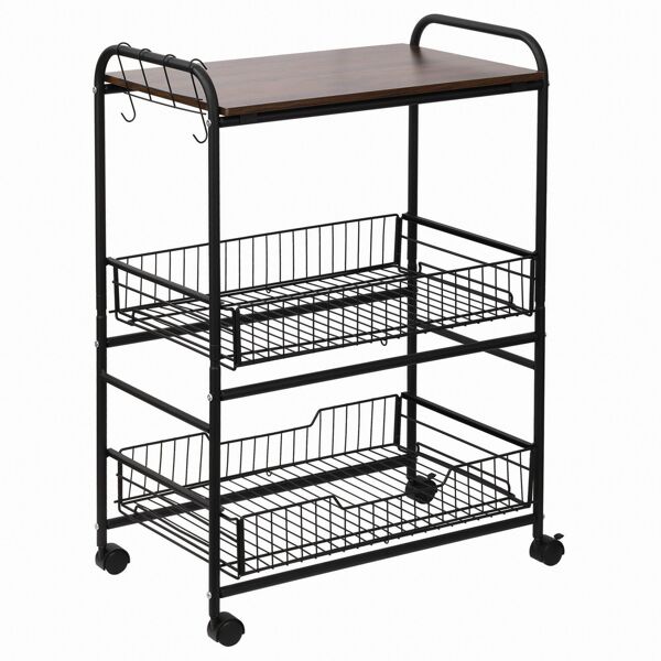 homcom carrello da cucina portavivande stile industriale con 4 ruote, 2 cestini e 4 ganci, 60x38x85.5cm, marrone nero