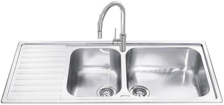 Lavello incasso semifilo 2 vasche e gocciolatoio sinistro inox spazzolato 116x50 - Smeg LG116S