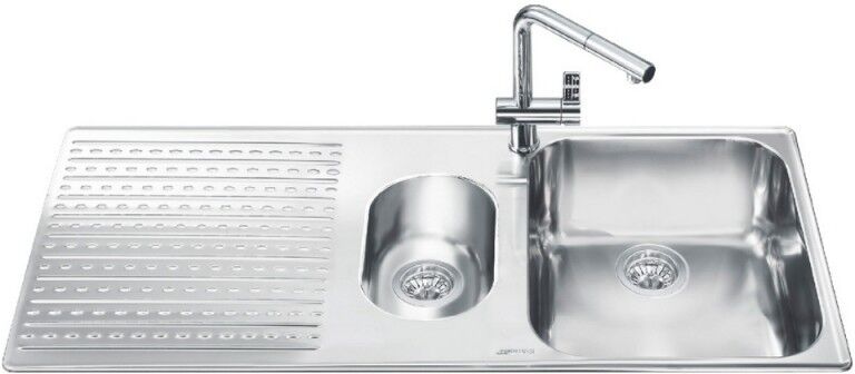 Lavello incasso 2 vasche e gocciolatoio sinistro inox spazzolato 100x50 - Smeg LTS102S2