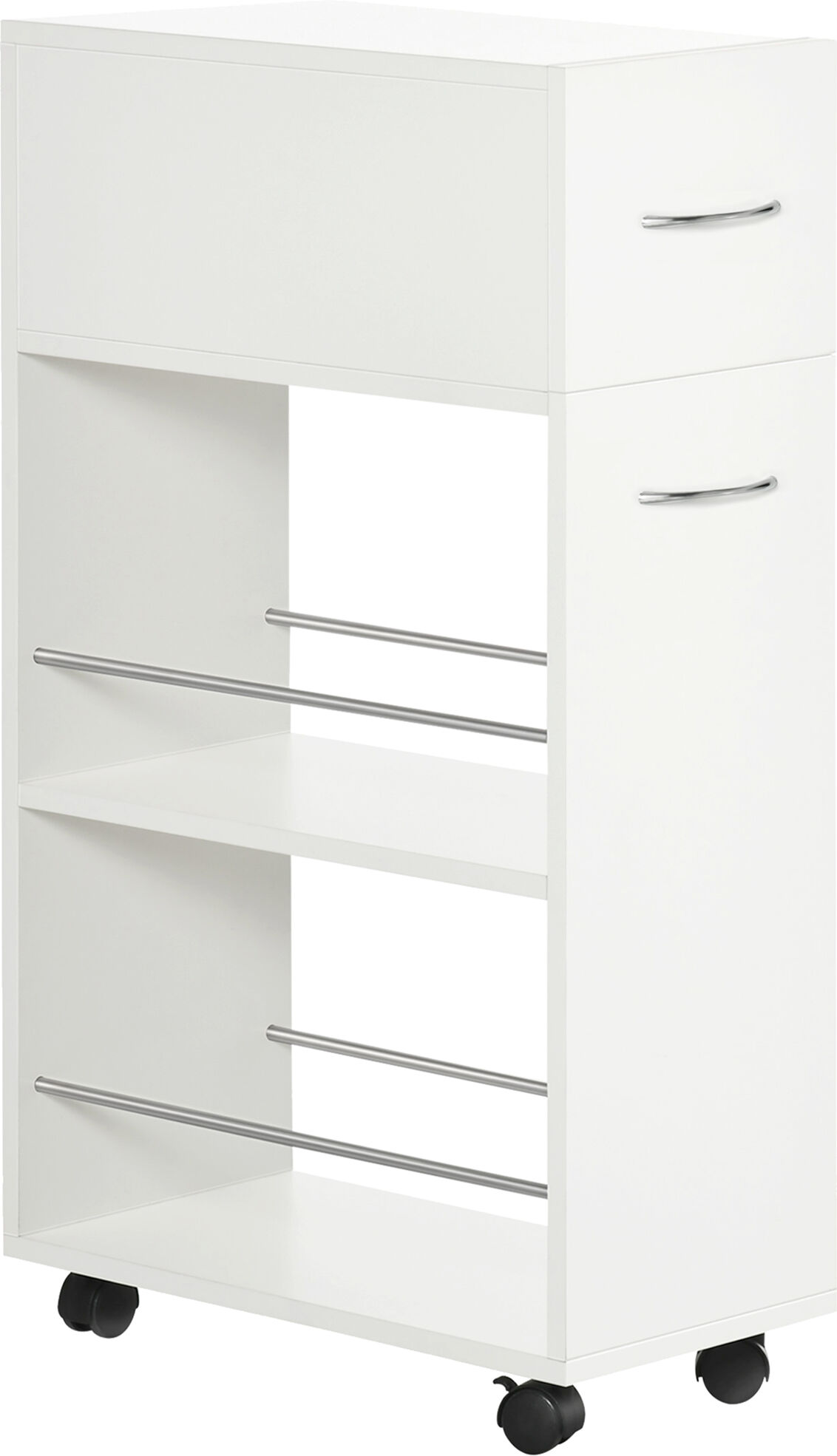 Homcom Carrello da Cucina in Truciolato e Acciaio Inox con 2 Ripiani Aperti, Cassetto Estraibile e Parapetti Anticaduta, 25x50x85 cm, Bianco