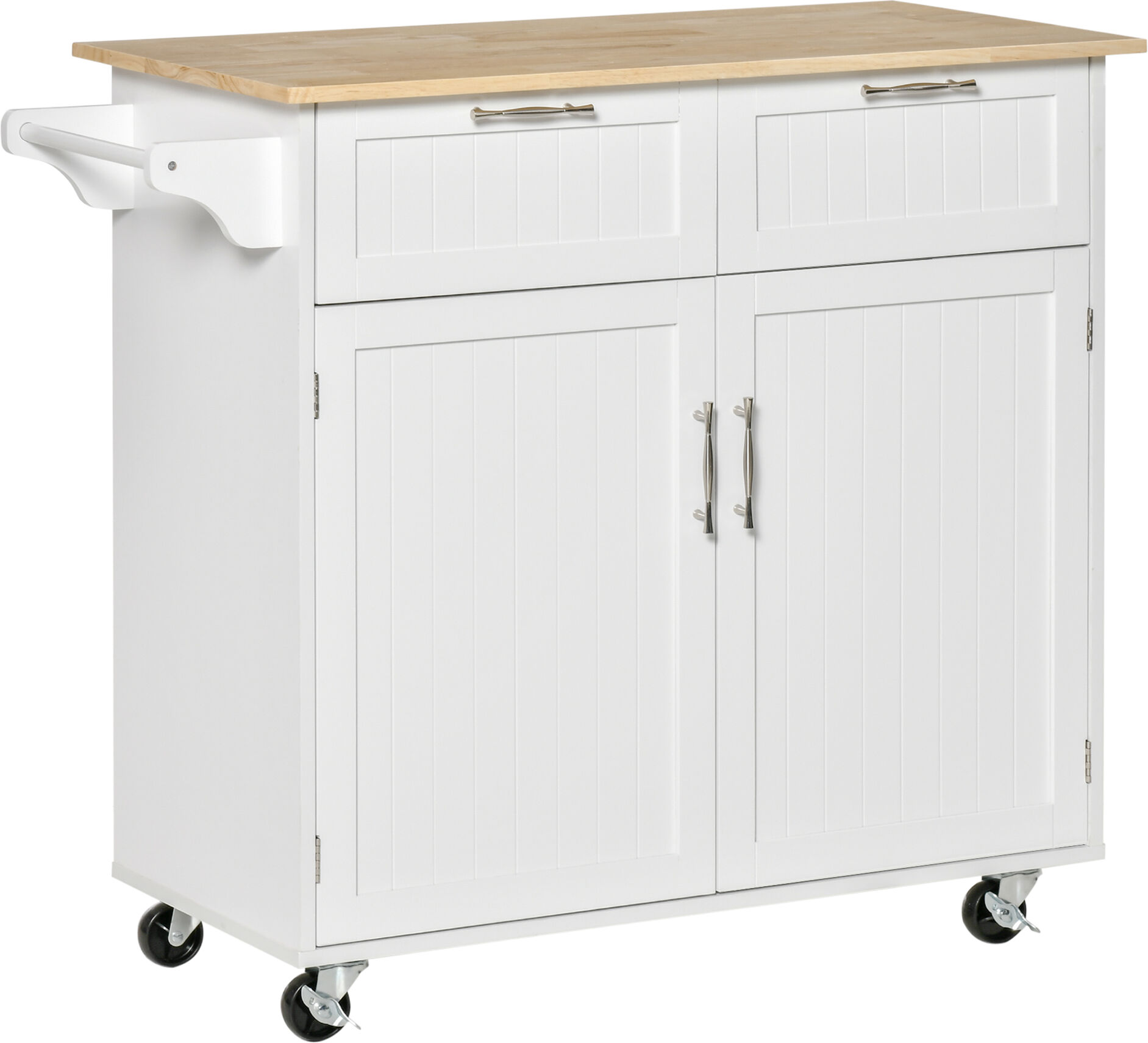 Homcom Carrello da Cucina Multiuso in Legno con 2 Cassetti, Armadietto e 4 Ruote, 104x46x91cm, Bianco