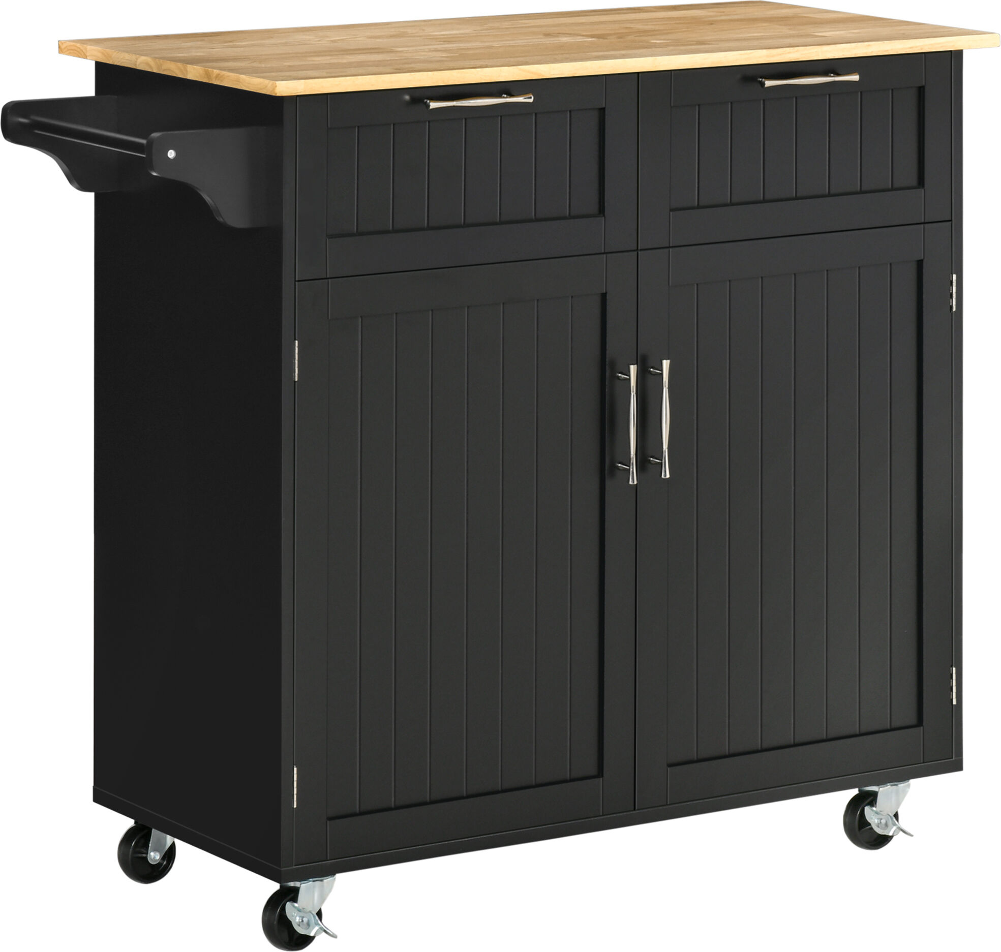 Homcom Carrello da Cucina Multiuso in Legno con 2 Cassetti, Armadietto e 4 Ruote, 104x46x91cm, Nero