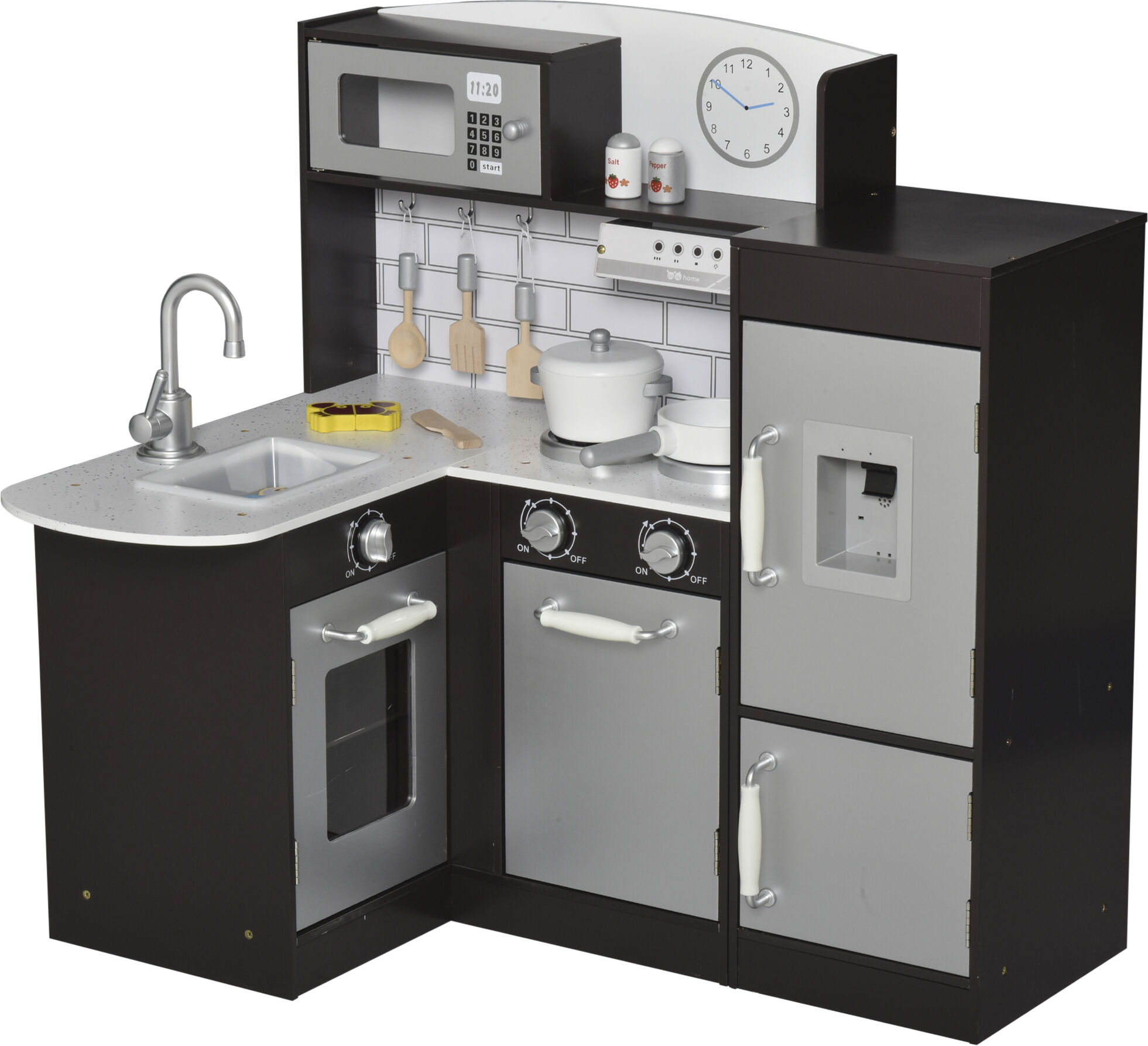 Homcom Cucina Giocattolo per Bambini in Legno con 14 Accessori, Forno, Lavandino, Frigo e Microonde, Età 3+ Anni, 86x64x84.5cm, Argento e Marrone