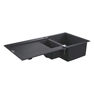 Grohe K500 - Quartz Composite Kitchen Sink with Drainer (Reversible Top Mount, Overflow and Automatic Waste Fitting, 1 Bowl 345x440x200 mm, 0.5 Bowl 155x295x146 mm), 100x50 cm, Granite Black, 31646AP0
