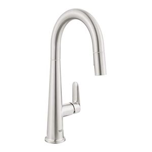 Grohe Veletto - Single-Lever Kitchen Sink Pull Out Mixer Tap (High C-Spout, 2 Spray Options, 28 mm Ceramic Cartridge, 360° Swivel Range, Tails 3/8 Inch), QuickMount Included, Stainless Steel, 30419DC0