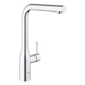 Grohe Essence single lever kitchen tap, sink mixer tap, high spout, 360° swivel spout, pull-out comfort spray head made of metal, easy to clean, chrome, 30270000