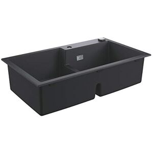 Grohe K500 - Quartz Composite Double Kitchen Sink (Top Mount, Overflow and Automatic Waste Fitting with Rotary Handle, 1 Bowl 39x43x20 cm, 2 Bowl 38x36.5x20 cm), 86x50 cm, Granite Black, 31649AP0