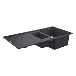 Grohe K400 - Quartz Composite Kitchen Sink with Drainer (Reversible Top Mount, Overflow and Automatic Waste Fitting, 1 Bowl 335x420x2.05mm, 0.5 Bowl 155x295x146mm), 100x50 cm, Granite Black, 31642AP0