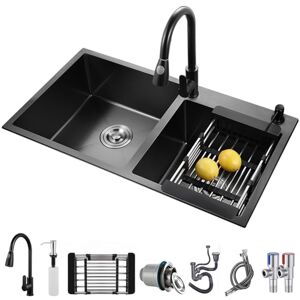 NOALED PetterShop Double Bowl Stainless Steel Kitchen Sink,Versatile Workstation with Pull-Out Faucet, Drain Basket & Built-in Soap Dispenser