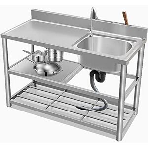 HAMEXLN Free Standing Stainless-Steel Sink Single Bowl Commercial Restaurant Kitchen Prep Station Sink w/Faucet, Prep & Utility Washing Hand Basin w/Workbench & Double Storage Shelves in