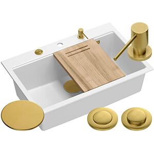 Quadron Granite Sink, Size 76 x 50 cm, Colour: White/Golden, Marc Set Inclusive: Steel Cover, Soap Dispenser, Wooden Chopping Board, Steel Drip Insert