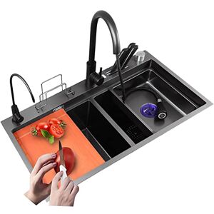 Kunyun 30/33 Double Bowl Kitchen Sink, Black Nano Multifunctional Sink with Soap Dispenser, Pull-Out Faucet, Drain Basket, Strainer Set for Modern Kitchen Sink (Color : Black, Size : 82x46CM)