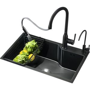 ErWaad Black Stainless Steel Kitchen Sink, Drop in Nano Kitchen Sink Set, Single Bowl Kitchen Sink with Basket, Soap Dispenser and Drainer (Color : Black, Size : 78x43CM)