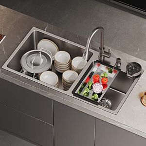 MaGiLL Gray Double Bowl Bar Sink, Stainless Steel Drop in Topmount Kitchen Sink with Pull-Out Faucet, Soap Dispenser, Glass Washer and Drain Strainer Set (Color : Gray, Size : 72x40CM) (G (Gray 85x45CM)