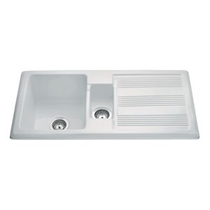 CDA KC24WH White Ceramic 1.5 Bowl Reversible Kitchen Sink - White